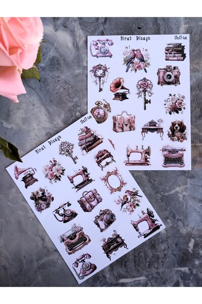 Hiras Dizayn Vintage Retro Eşyalar Elementler Kuş Gramofon Sticker Seti Bulle...