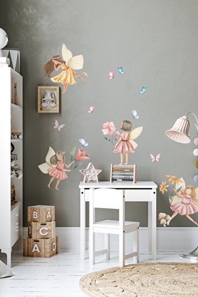 KanvasSepeti Sim Soft Color Flower Nymphs and Butterflies Kids Room Wall Stic...