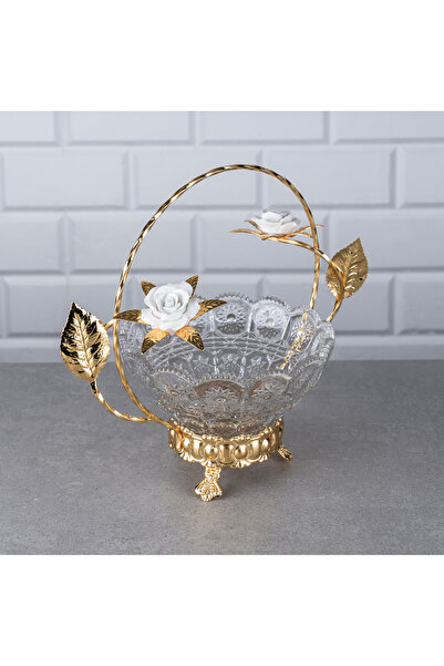 Hinora Porselen Güllü Kristal Cam Sepet Şekerlik Sunumluk 21x23x14cm