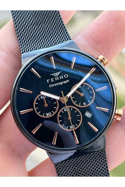 FERRO Black Straw Cord Inner Functions 30 Mt Waterproof Men's Wristwatch with Active Calendar ETM3697