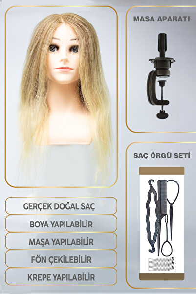 KONAK PERUK Omuzlu Gerçek Saç Kuaför Eğitim Mankeni - Platin 55 Cm