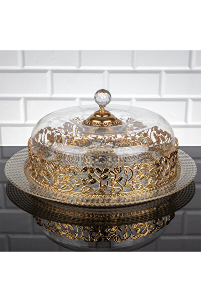 Hinora وردة وردية مزخرفة بتفاصيل الماس، طبق زجاجي، كعكة، مقاس 33x11 سم