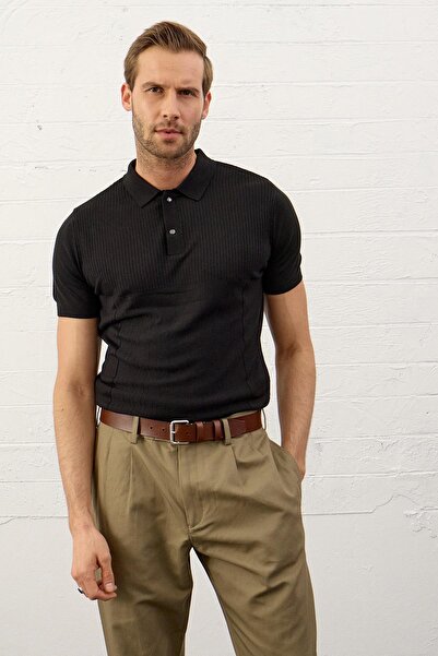 Danger Ανδρικό καλοκαιρινό πλεκτό μπλουζάκι με κολάρο πόλο σε slim-fit μαύρο