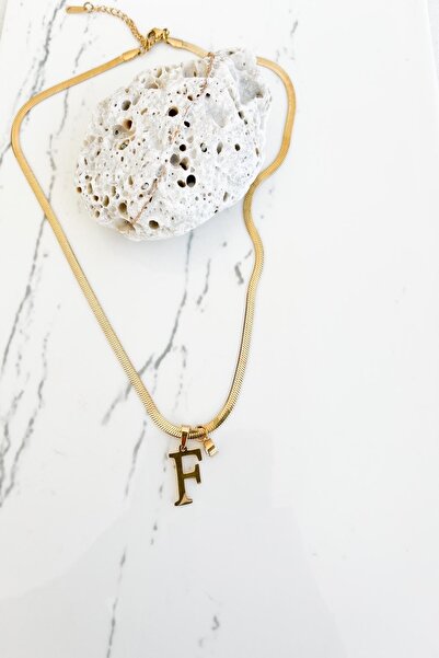 Pretty İtalyan Zincir Tek Taş ve Harfli Gold Renk Kararmaz Çelik Kolye