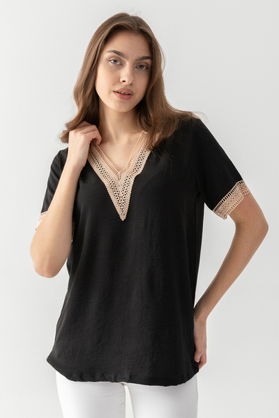 EtkiModa Bluză Aerobin cu guler și mâneci și dantelă neagră pentru femei