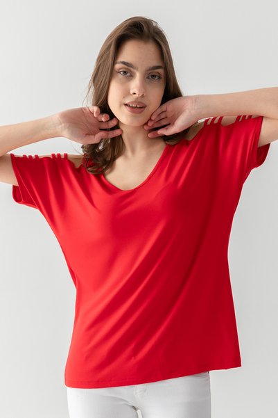 EtkiModa Women's Red Off-the-Shoulder Sleeves Ribbed Viscose Combed Blouse