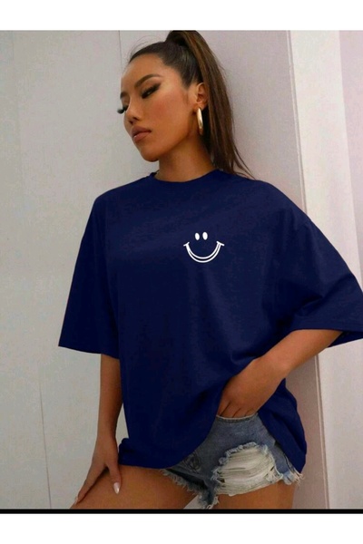 WOODROFFE Tricou oversize albastru marin cu imprimeu Smile Casual Boyfirend