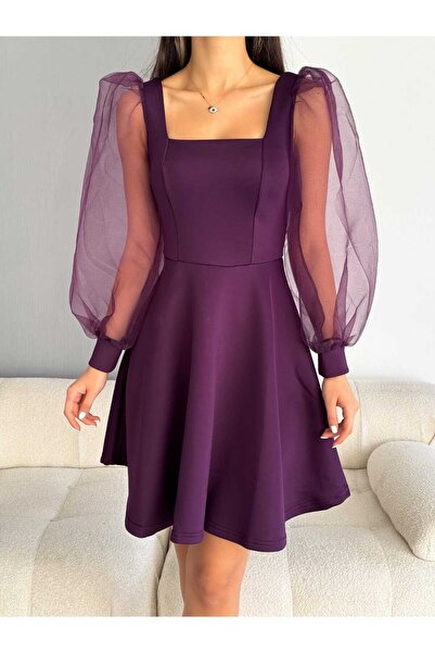 Genel Markalar Kadın U Yaka Kolları Tül Scuba Kumaş Elbise (Renkli)