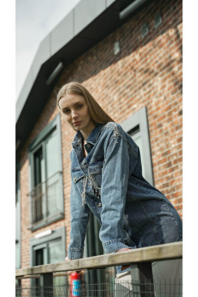 KAIZENMODA Omuz ve Cep Taş Detaylı Denim Ceket KZ04-7113