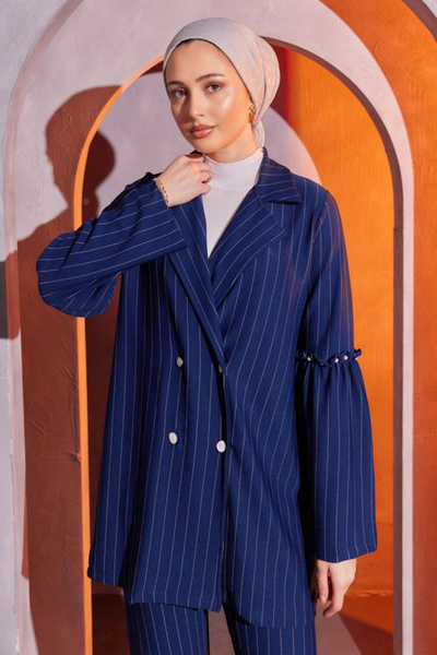 Bold Grup Γυναικείο Σετ Παντελόνι με Ριγέ Μπουφάν με Πέρλες στα Μανίκια