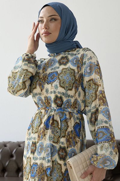 InStyle Redős kendőmintás sifon ruha - kék