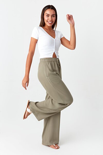Select Moda Γυναικείο παντελόνι με ελαστική μέση χακί με φαρδύ πόδι
