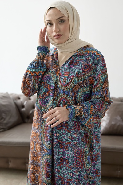 InStyle Judge Collar Ethnic Pattern Viscose Dress - Blue