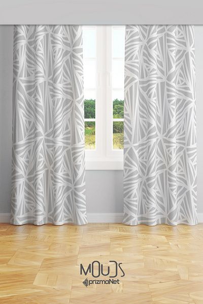 Moud's White Triangle Patterned Suede Living Room Hall Background Curtain Printed Extrafor Drawstring 2 Sash PRD-1071