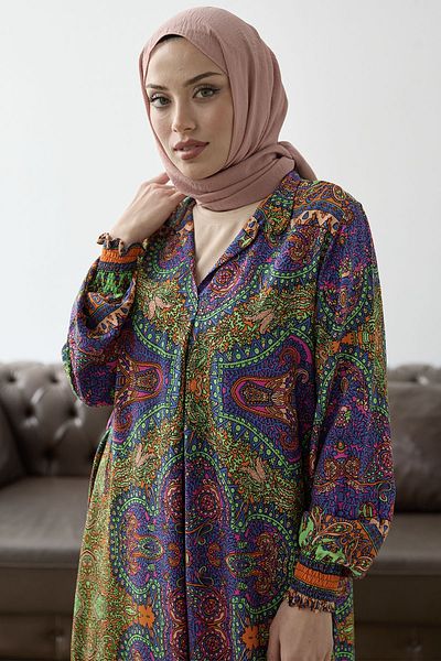 InStyle Judge Collar Ethnic Pattern Φόρεμα Viscose - Πορτοκαλί