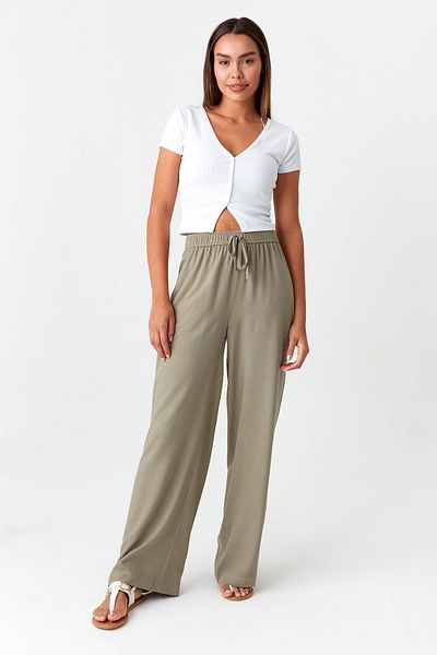Select Moda Women's Khaki Elastic Waist Wide Leg Trousers