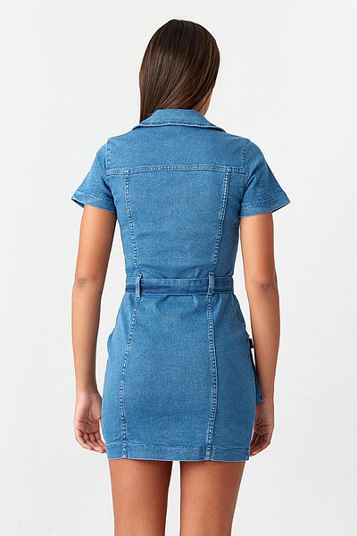 Select Moda Rochie de damă albastră din denim cu curea în talie