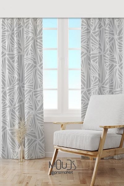 Moud's White Triangle Patterned Suede Living Room Hall Background Curtain Printed Extrafor Drawstring 2 Sash PRD-1071