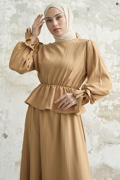 InStyle Blouse Ruffle Detail Skirt Suit - Camel