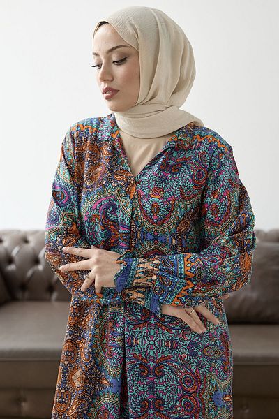 InStyle Judge Collar Ethnic Pattern Viscose Dress - Blue