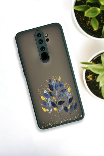 mooodcase Xiaomi Redmi Note 8 Pro Uyumlu Mavi Yaprak Desenli Buzlu Şeffaf Lüx Telefon Kılıfı