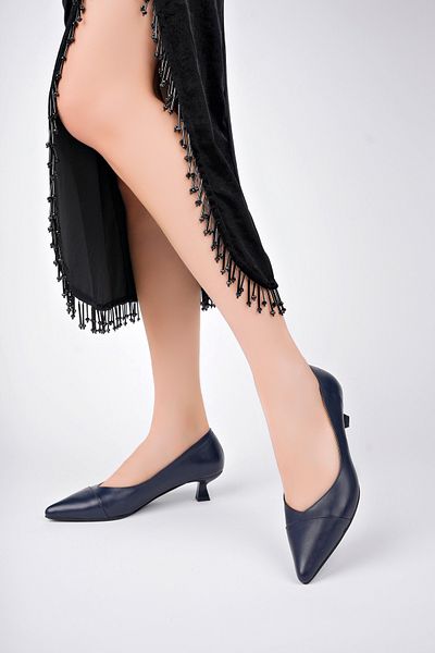 Deripabuc Genuine Leather Navy Blue Women's Leather Heeled Shoes Trc-63816