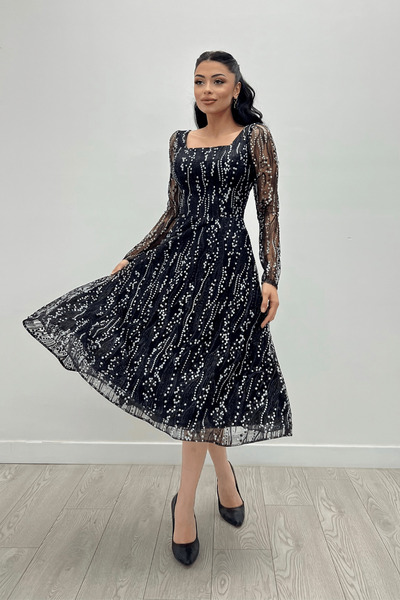 giyimmasalı Βραδινό Μίντι Φόρεμα με Τετράγωνο Γιακά Ύφασμα Tulle Glitter - Ασημί