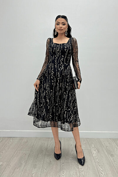 giyimmasalı Βραδινό Μίντι Φόρεμα με Τετράγωνο Γιακά από Tulle Glitter - ΧΡΥΣΟ