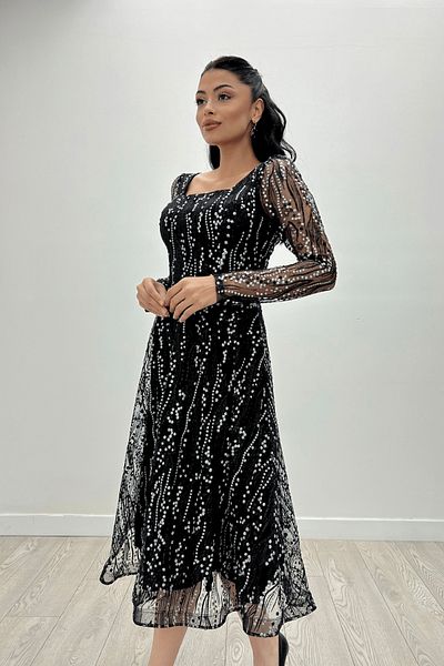 giyimmasalı فستان سهرة ميدي من قماش التول اللامع برقبة مربعة - فضي