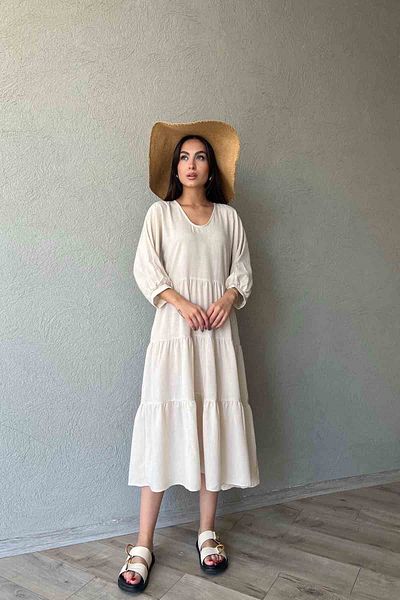 Seda Yalçın Atelier Muslin Fabric V-Neck Comfortable Cut Stone Dress