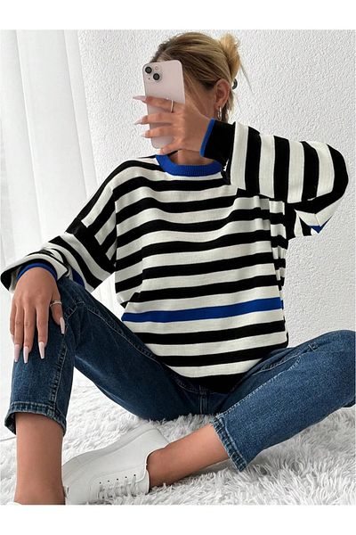 Get Crazy Pulover cu dungi de culoare dublă cu guler de damă