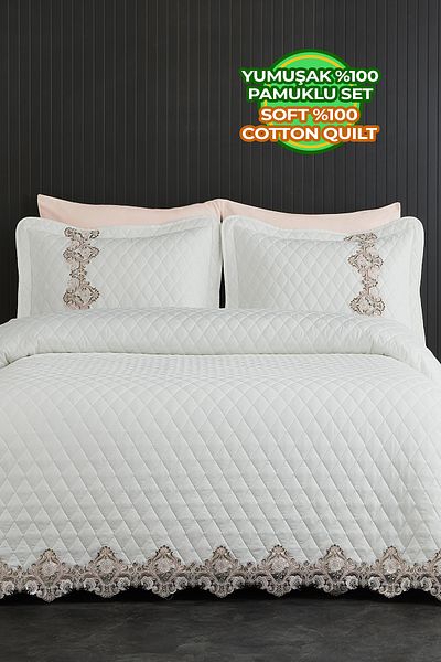 Evlen Home Collection 100% Cotton May Lacy Bed Cover Double Fiber Filled Quilted (Pike) Set Off White