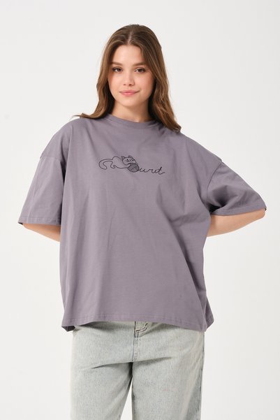 Owut Collection Unisex Gray Crew Neck Cat Detail Printed Oversize T-shirt