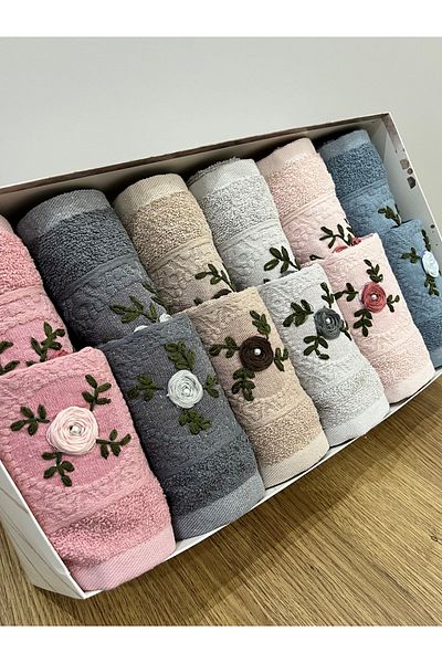 AYHANHOME Embroidery Patterned Boxed Dowry Gift Set of 12 6 Hand Face & 6 Kitchen Towels