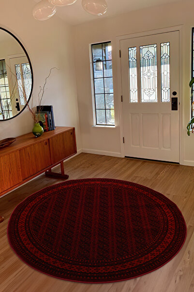 Giza Home Afgan Türkmen Otantik Desenli Dokuma Bordo Yuvarlak Oturma Odası Sa...