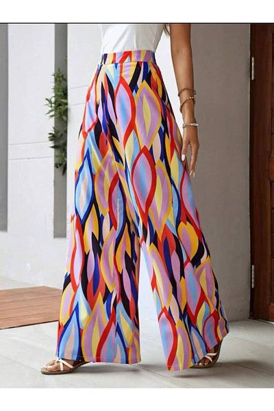pendkamoda Women's Wide Leg Patterned Single Jersey Fabric Trousers (Colored)