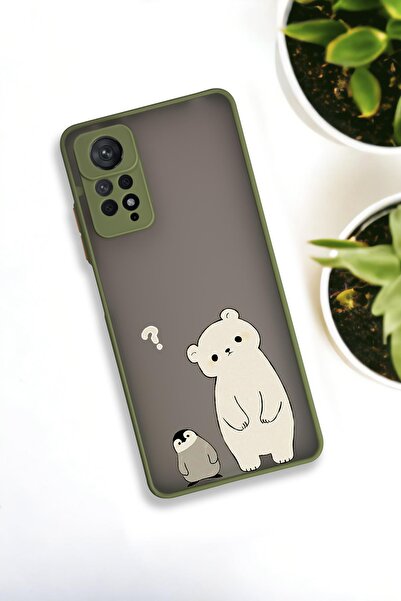 mooodcase Xiaomi Redmi Note 11 Pro Uyumlu Penguen ve Ayıcık Desenli Buzlu Şeffaf Lüx Telefon Kılıfı