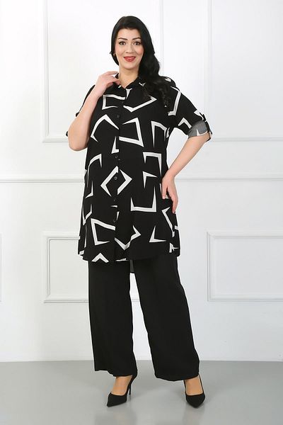 By Alba Collection Women's Black Patterned Cotton Viscose Large Size Tunic