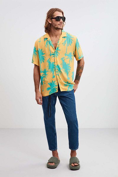 GRIMELANGE Gordon Men's Tiril Tiril Fabric Loose Woven Wide Fit Summer Yellow Shirt