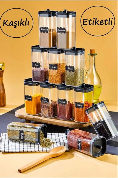 ŞAKİLATA CONCEPT 300 ml Acrylic Mica Spice Set - 12 Pieces with Spoon and Label