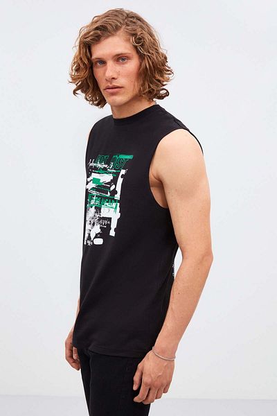 GRIMELANGE Ahead Ανδρικό εσώρουχο Off Shoulder Comfort Fit μπροστά με στάμπα 100% βαμβακερό μαύρο μπλουζάκι
