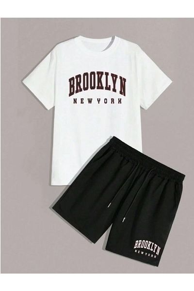 HIRSCH Unisex White T-shirt Black Shorts Bottom Top Brooklyn Printed Set