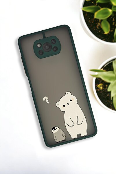mooodcase Xiaomi Poco X3 Uyumlu Penguen ve Ayıcık Desenli Buzlu Şeffaf Lüx Telefon Kılıfı