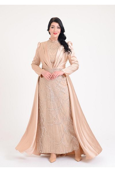 SpringStore Gold Glitter Hijab Plus Size Evening Dress
