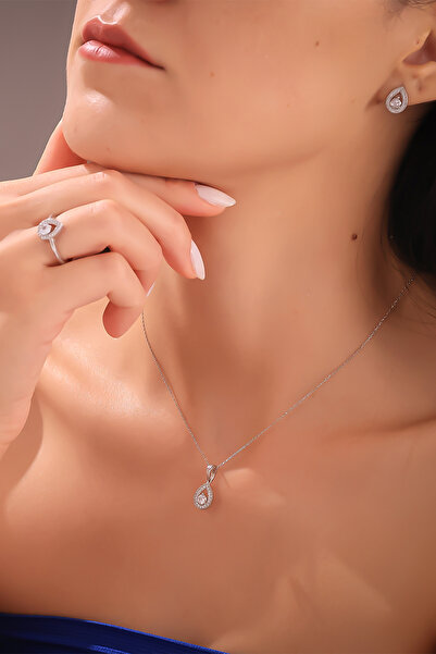 Miavi Silver 925 Ayar Gümüş Rodyum Damla Kolye Küpe Yüzük Takı Seti
