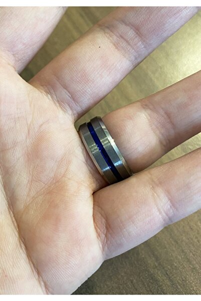 celikchi Erkek Mavi Çizgi Detay Gümüş Renk Tungsten Yüzük
