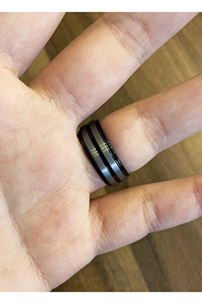 celikchi Erkek Gümüş Ikili Çizgi Model Siyah Renk Tungsten Yüzük