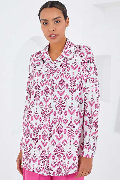 Bigdart Women's Fuchsia White Patterned Oversize Satin Shirt 3985