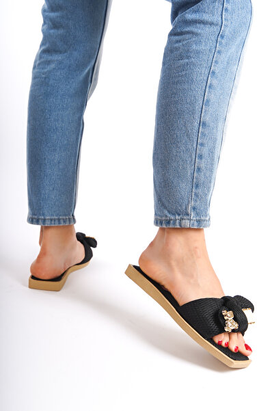 Moda Değirmeni Μαύρες γυναικείες παντόφλες κορδέλα Bg1166-122-0004