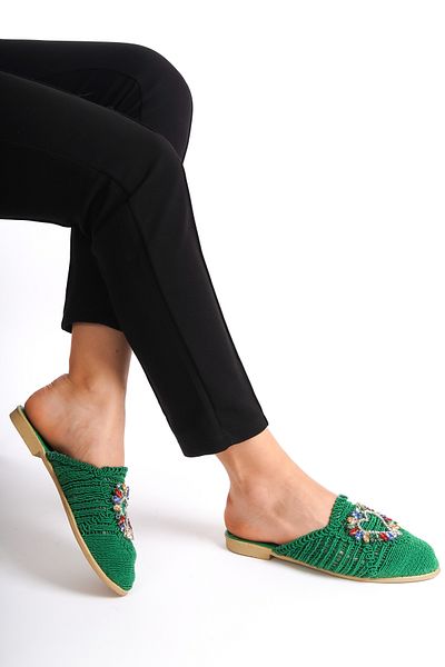 Moda Değirmeni Papuci de femei verzi din dantelă cu piatră colorată BG1163-122-0002